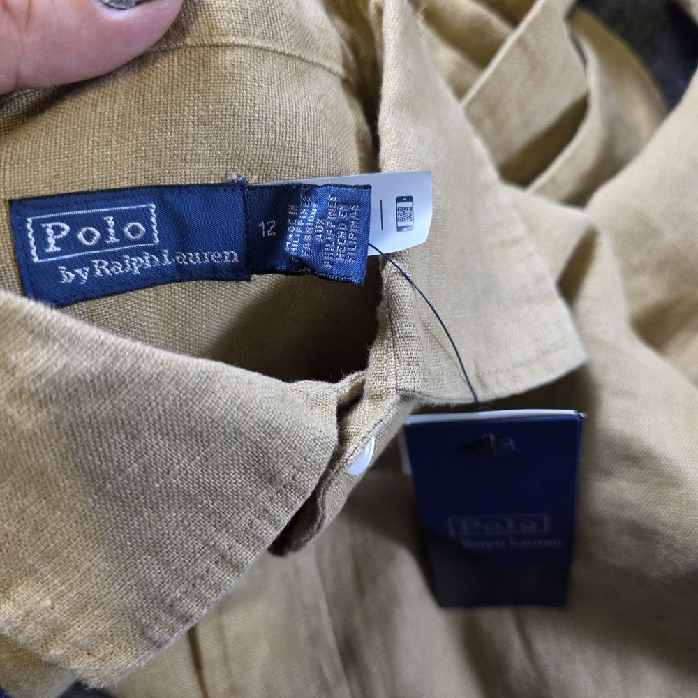 Polo Ralph Lauren Belted Linen Shirt Dress Size 12 Safari Tan Neutral Minimalist - Picture 3 of 11